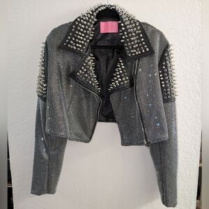 AZALEA WANG RHINESTONE BOMB CROP MOTO JACKET